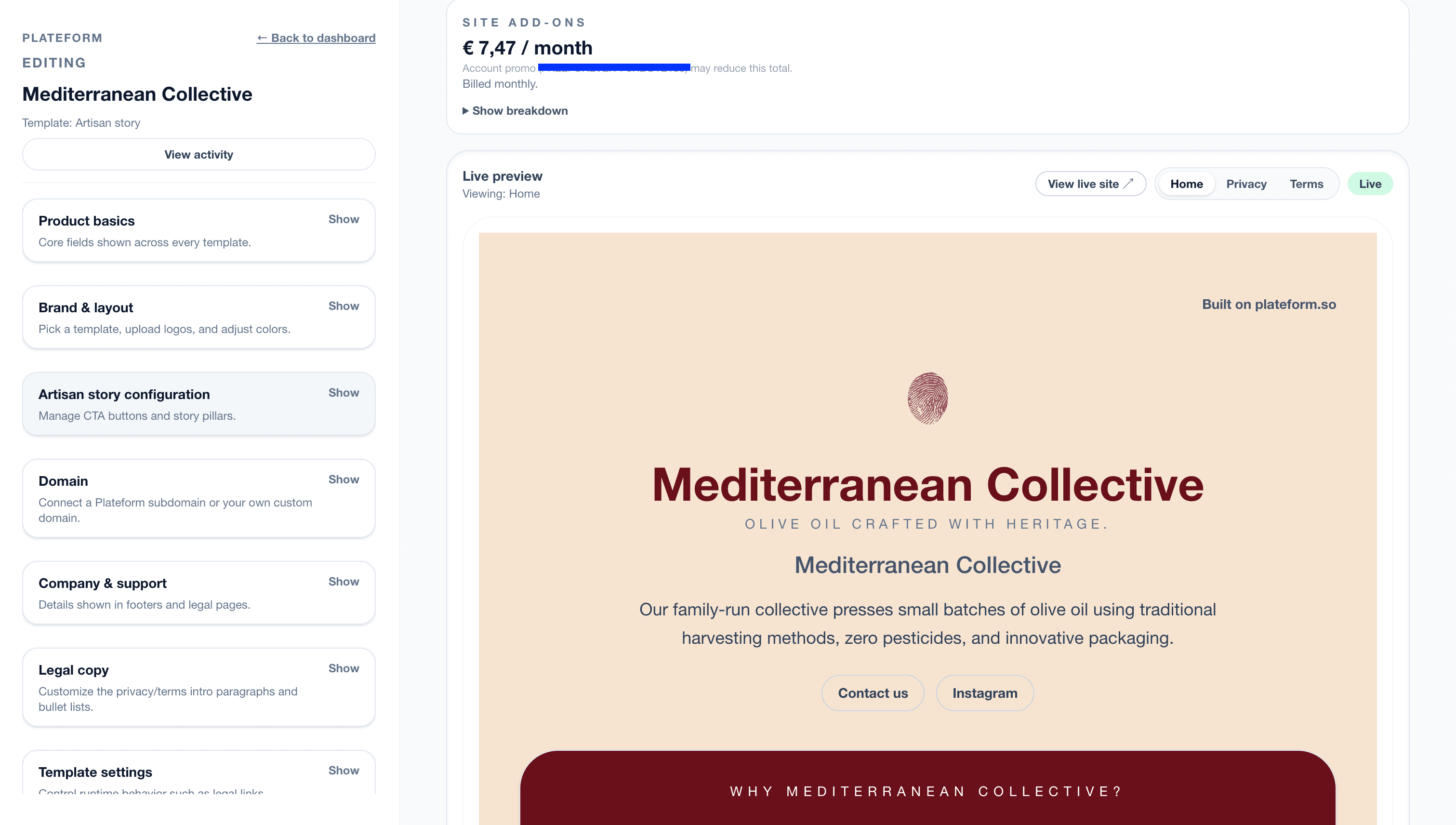 The Plateform editor open on a brand story page — form fields on one side, live preview on the other.