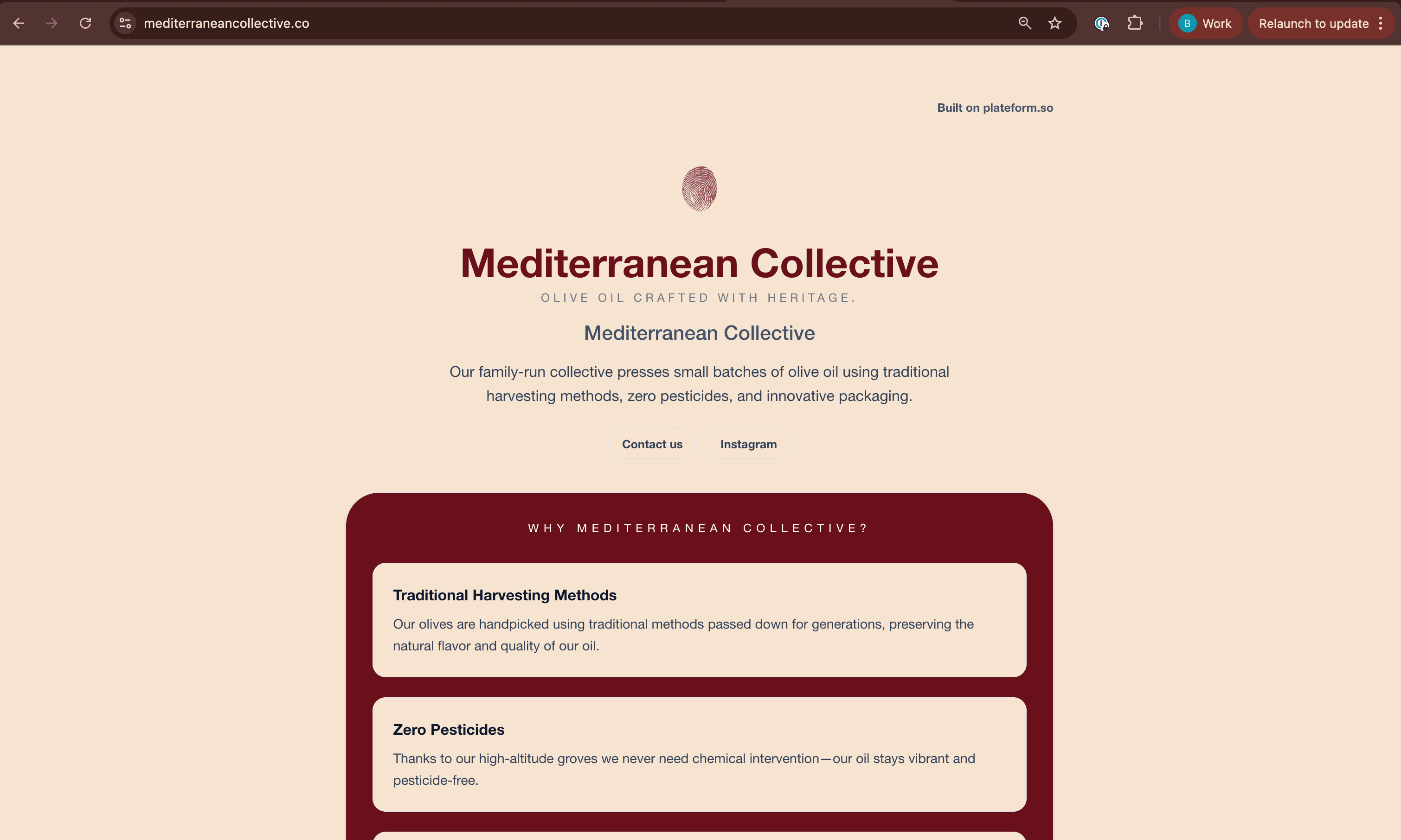 A live brand story page published on Plateform — narrative hero, pillars, photo blocks, CTA links.