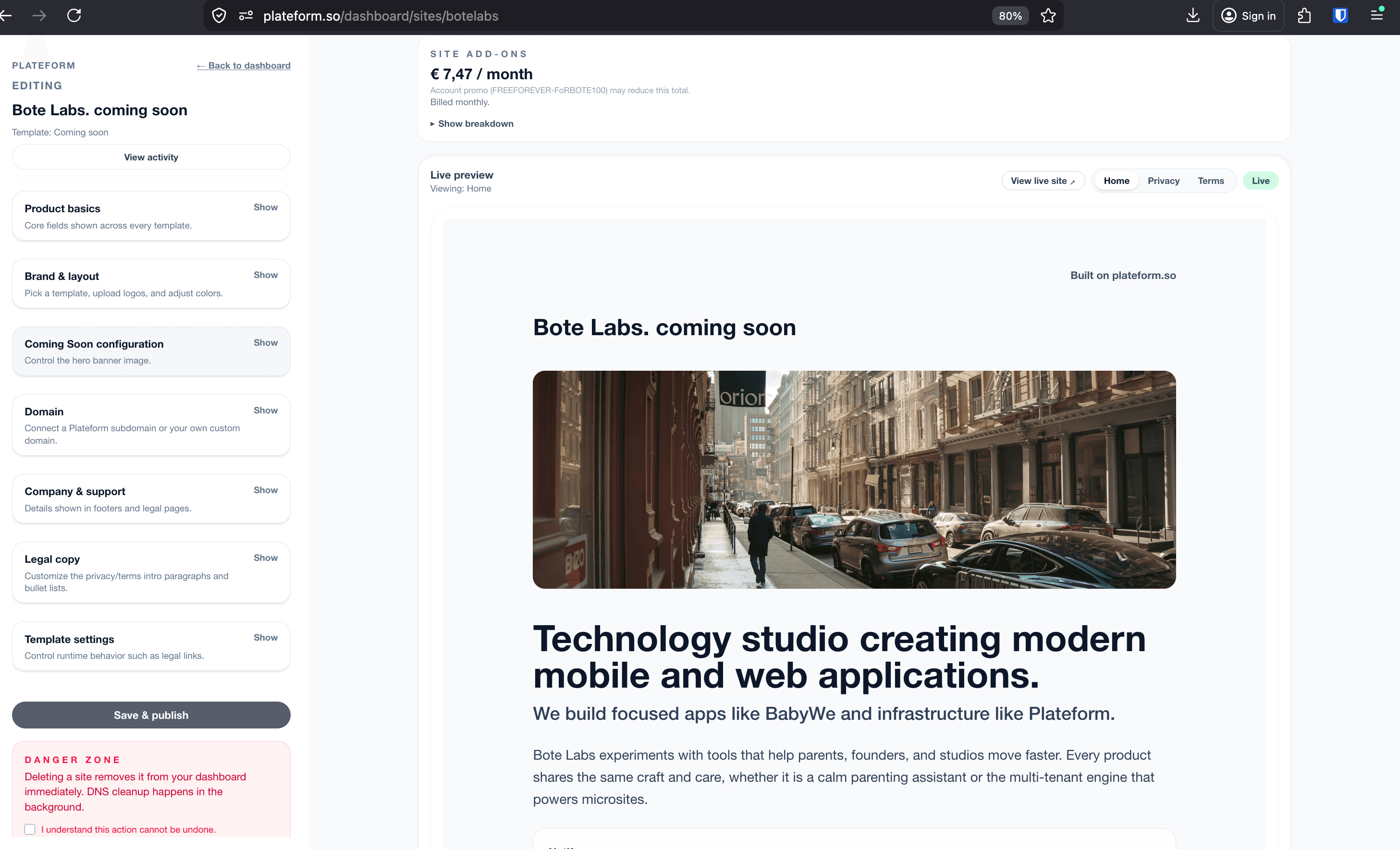 The Plateform editor open on a coming-soon page — form fields on one side, live preview on the other.
