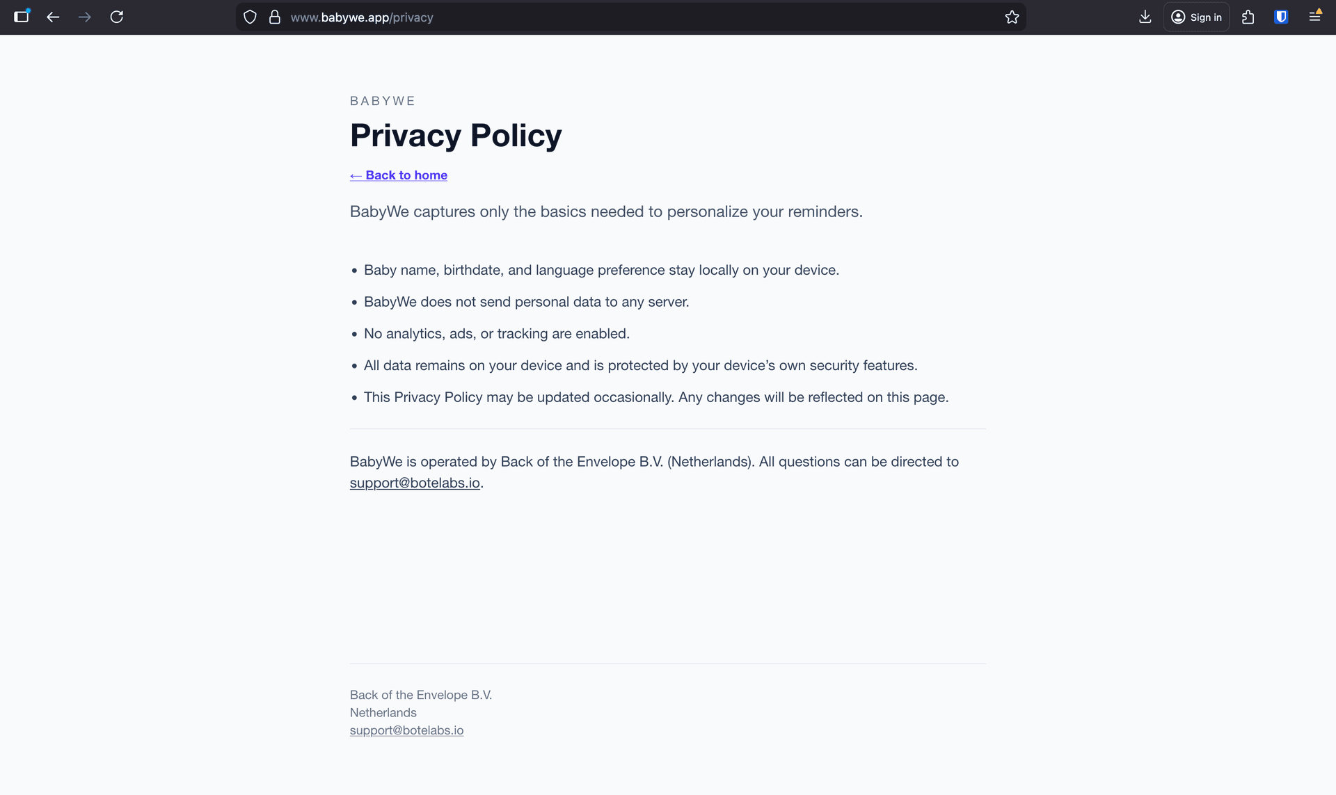 A privacy policy page automatically generated for a mobile app landing page on Plateform.