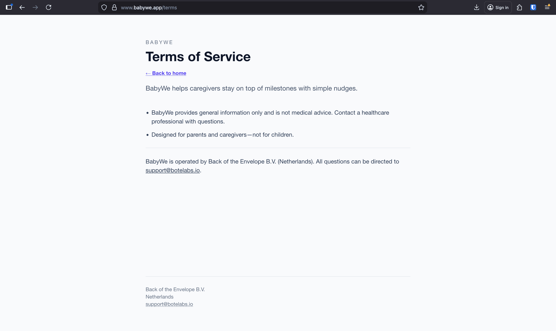 A terms of use page automatically generated for a mobile app landing page on Plateform.