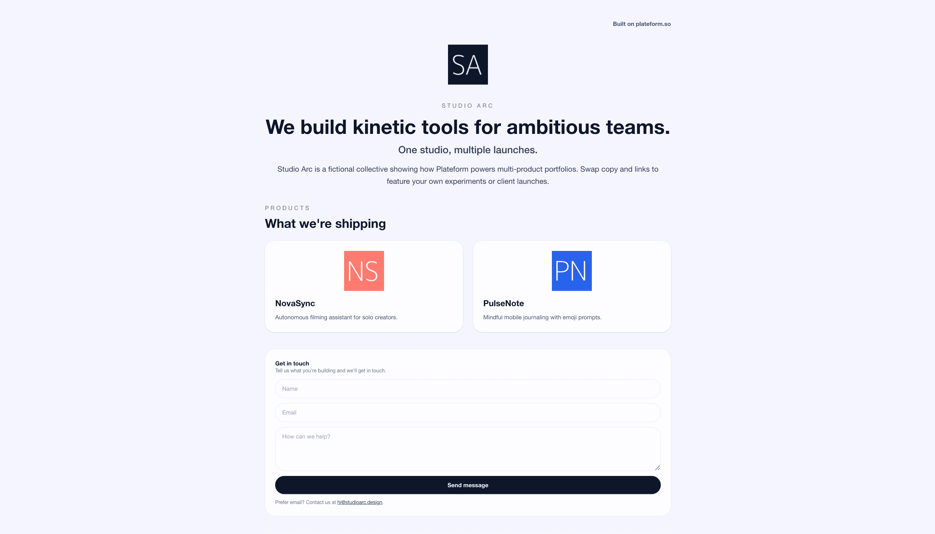 An MVP landing page published on Plateform — hero, features, and signup CTA.