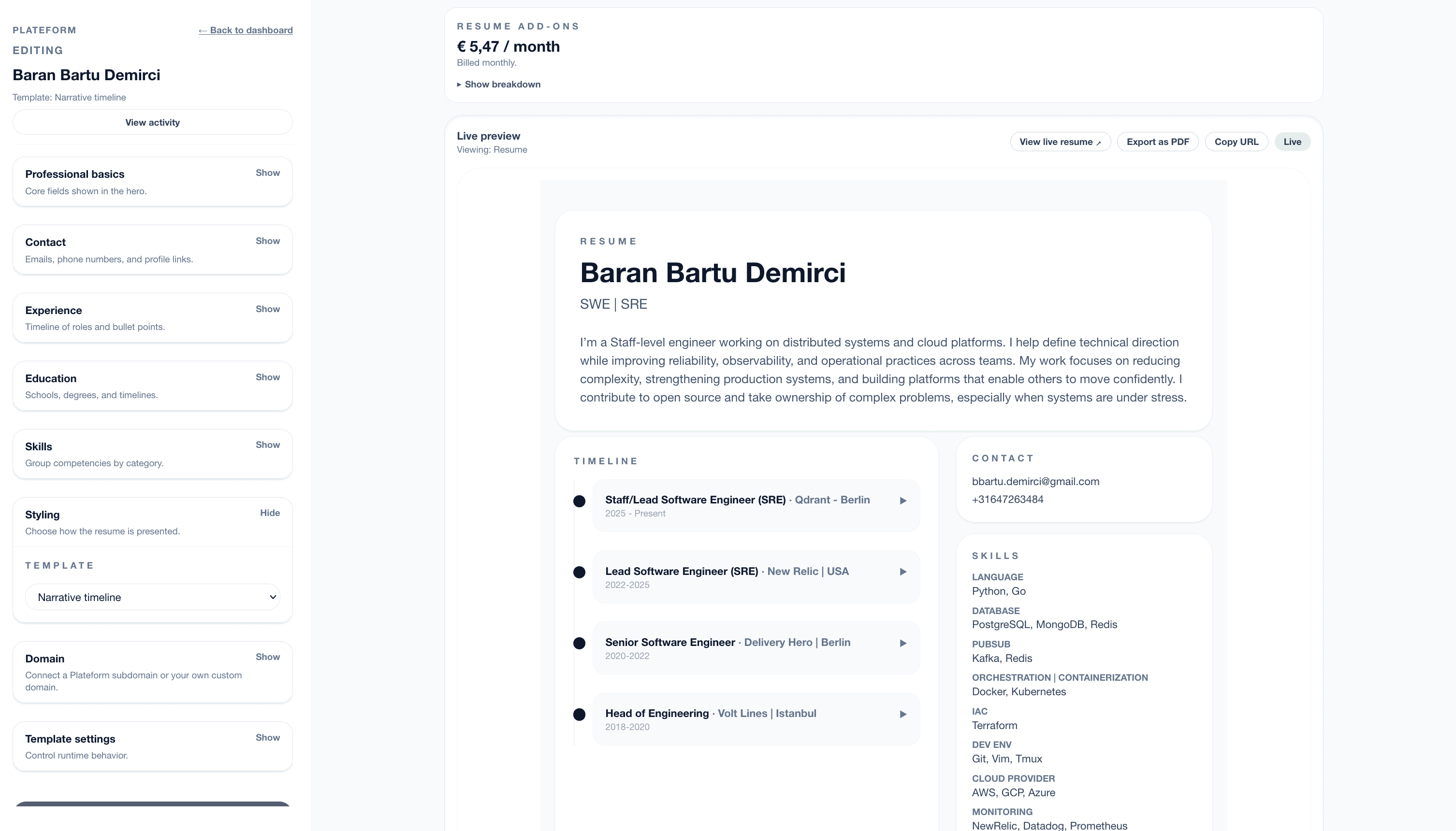 The Plateform editor open on a resume — form fields on one side, live preview on the other.