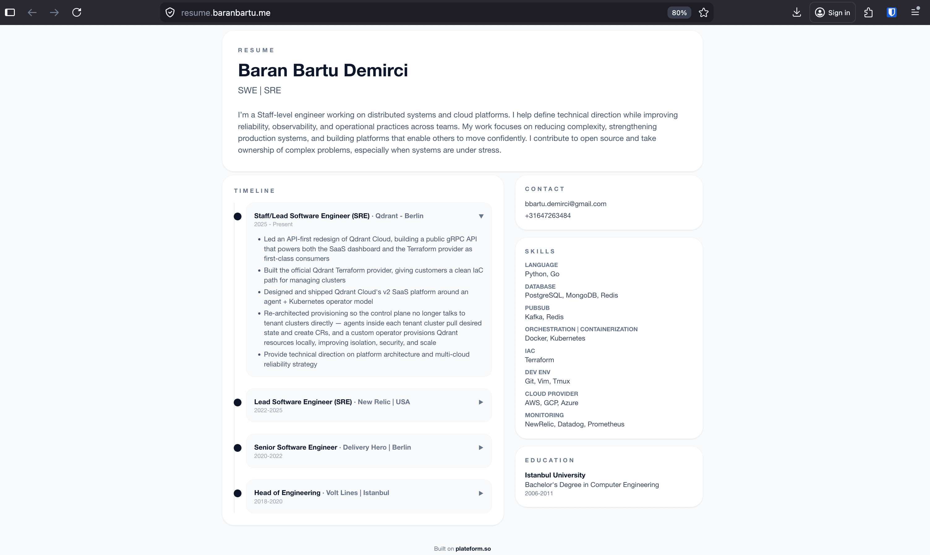 A live online resume published on Plateform — clean layout, experience, skills, contact info.